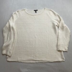 Eileen Fisher Linen/Cotton Blend Cream Ribbed Knit Long Sleeve Sweater Top Med
